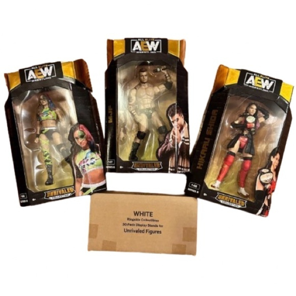 AEW Unrivaled 3 figure Set with 30 pack Display Stands